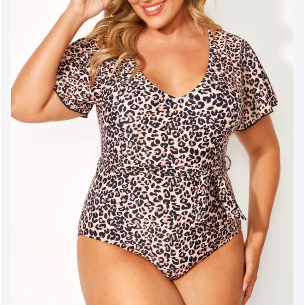 Meetcurve NEW Leopard Off Shoulder Ruffle One Piece Swimsuit 2X Animal Print